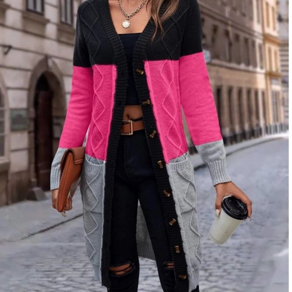 striped multi color  button down Long Knit sweater Cardigan - Picture 5 of 6